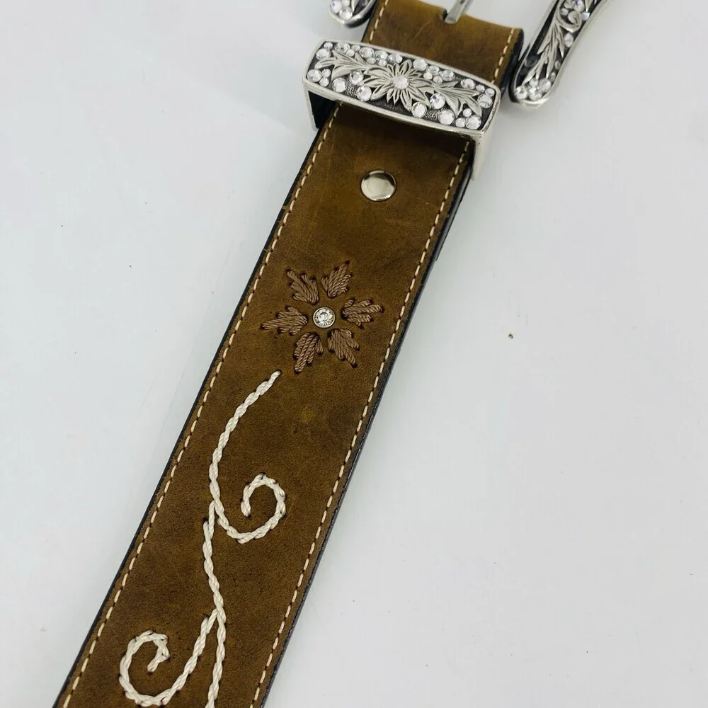 Nocona Belt Co Brown Western Embroidered Leather Belt Large Floral Silver Buckle